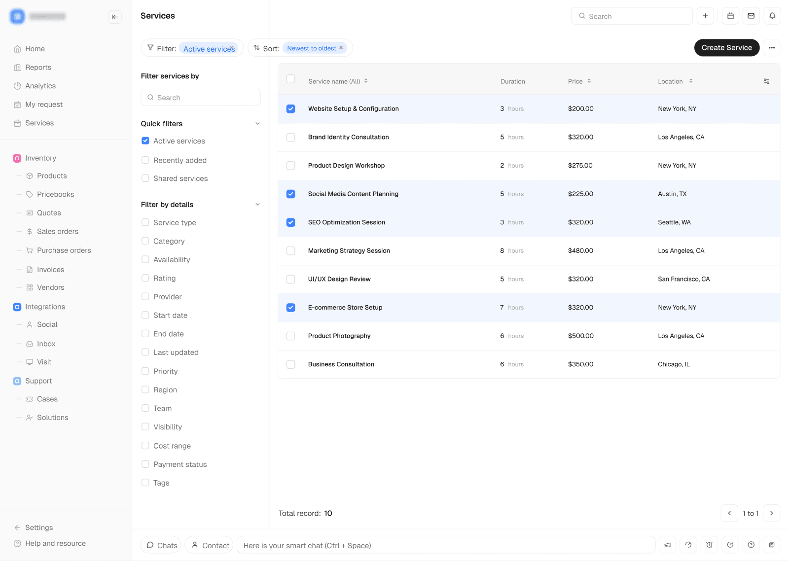 Services Console website: screen