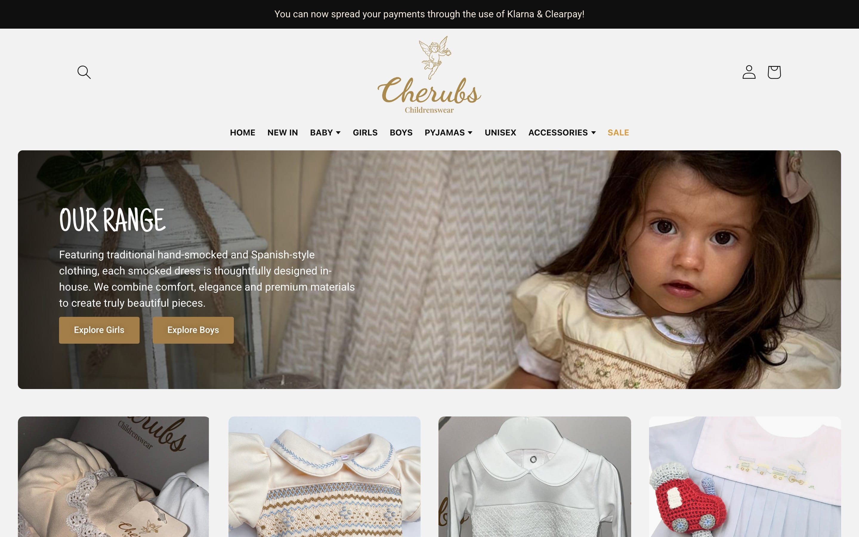 Cherubs Childrenswear website homepage on desktop