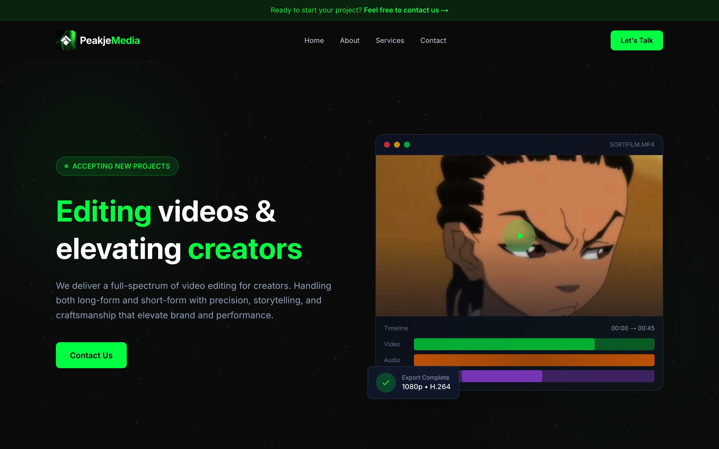 PeakjeMedia website homepage on desktop